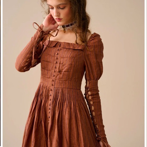 LINENNAIVE Nicola 33 Regency striped dress amber brown size large NWT - Picture 11 of 16